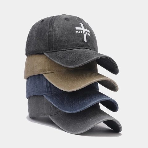 Berretto Da Baseball In Cotone Lavato Stampa Croce Believe Vintage Regolabile Cappello Da Sole Per Uomo Donna Sport All'aperto