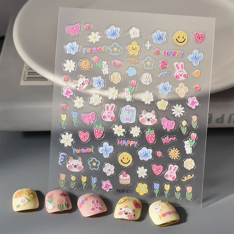 Adesivi Per Unghie In Rilievo 5D Cartone Animato Animale Fiore 3D Goffrato Impermeabile Decorazione Manicure Fai Da Te Donne Ragazze