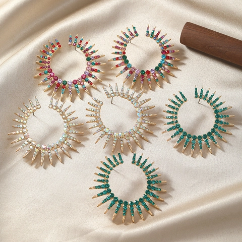 Statement C Shaped Hoop Earrings For Women Alloy Full Rhinestone Sunburst Radiating Design Bohemian Party Jewelry