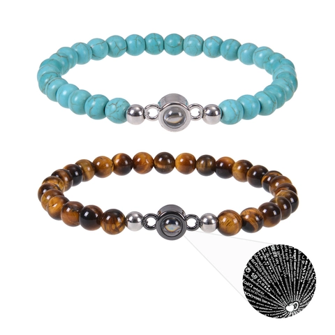 Gemstone Beaded Bracelet With Multi-Language I Love You Projection Alloy Heart Pendant Adjustable Elegant
