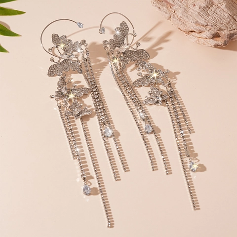 Butterfly Tassel Ear Cuff Earrings Alloy Copper With Rhinestones And Zircon No Piercing Long Chain For Women