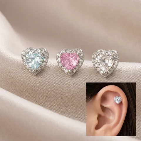 Hart Zirkonia Oorkraakbeen Stud Titanium Staal Koper Dubbele Schroef Platte Achterkant Piercing Sieraden Vrouwen