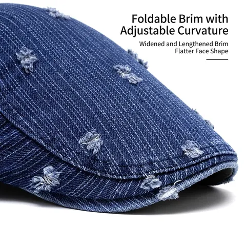 Vintage Distressed Denim Flat Cap Adjustable Breathable Mesh Newsboy Beret Hat For Men Unisex Casual Outdoor Style