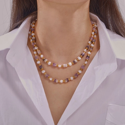 Collana Di Perline Ametista Perla Artificial Imitazione Bianca Acciaio Al Titanio Placcato Oro Elegante Minimalista Collane Per Donna Fatto A Mano