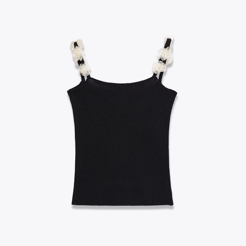 Women Knitted Camisole Tank Top Slim Fit Ribbed With 3D Flower Straps Sexy Sweet Summer Crop Top