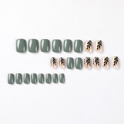 Short Square Press On Nails Sage Green Gold Foil Leaf Design Reusable Artificial False Nails For Women Daily Manicure Decoration