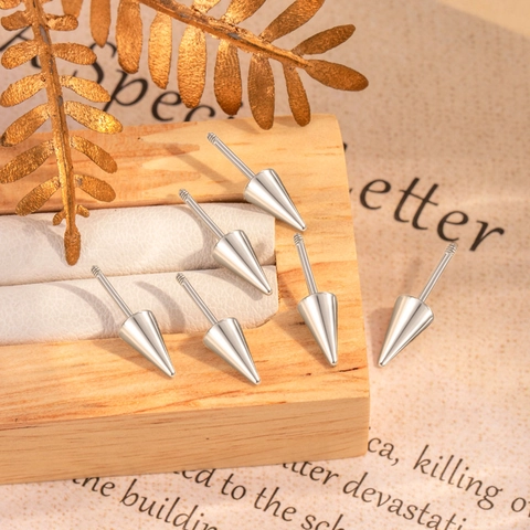 Titanium Steel Cone Piercing Ear Stud With Screw Back Thin Post Silver Tone Minimalist DIY Accessory