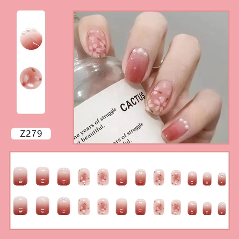 Kurze Quadratisch Runde Plastik Press On Nägel Pinker Kirschblüten Farbverlauf Mit Künstliche Perlen Deko Elegante Süße Falsche Nägel