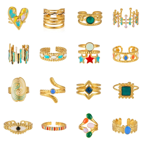 Fashionable Adjustable Open Rings Colorful Enamel Gold Plated Stainless Steel Vintage Boho Jewelry For Women Gift