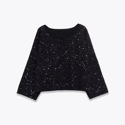 Cardigan À Paillettes Pour Femmes Col Rond Manches Longues Simple Boutonnage Haut En Maille Élégant