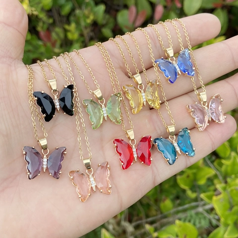 Butterfly Pendant Necklace With Copper Gold Plated Chain And Glass Wings Zircon Inlaid Elegant Jewelry For Women