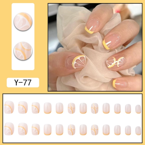 Uñas Postizas Press On Amarillas French Tip Patrón Limón Verano Brillante Cuadradas Redondas Para Mujer