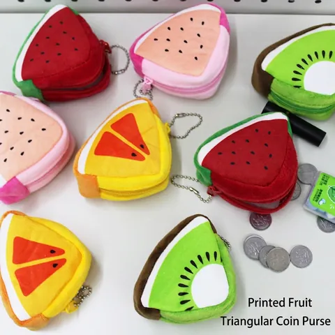 Plush Fruit Shape Mini Coin Purse Triangular Zipper Wallet With Keychain Hanging Decoration For Kids Girls