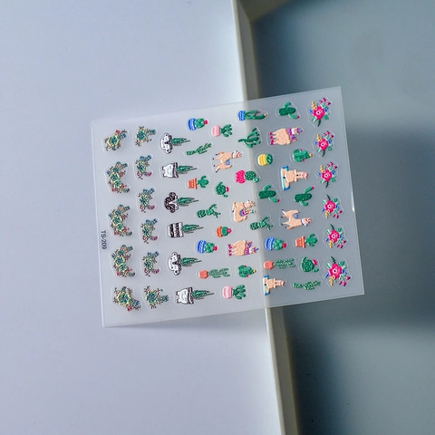 Stickers À Ongles 5D En Relief Dessins Alpaga Cactus Fleur Auto Adhésif Décorations Nail Art Dessin Animé Accessoires DIY