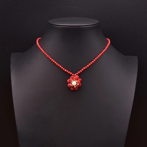 Collana con Pendente Floreale in Corallo e Perla Naturale Vintage Gioielli in Stile Etnico Fatti a Mano per Donna