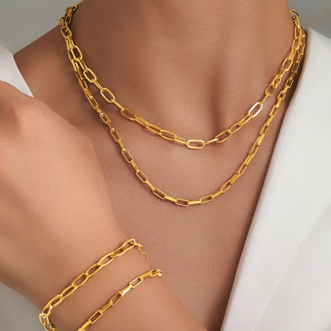 Stainless Steel Paperclip Chain Jewelry For Women Men Hip Hop Layered Necklace And Bracelet Streetwear Gold Silver Tone