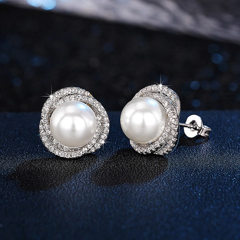Elegant Copper Stud Earrings With Imitation Artificial Pearl And Micro Pave Zircon Flower Halo Design For Women