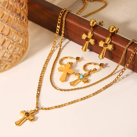 Stainless Steel Cross Pendant Necklace Earrings Double Layer Figaro Twist Chain Tiger Eye Turquoise Jewelry For Women