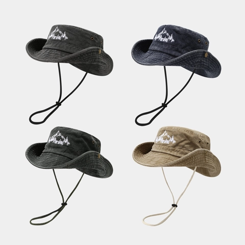 Washed Cotton Boonie Hat Outdoor Sun Protection Hiking Camping Cap With Mountain Embroidery And Adjustable Chin Strap Vintage