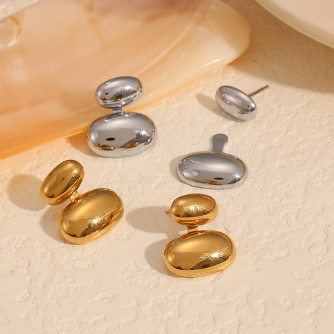 18K Vergoldete Edelstahl Doppel Oval Bohne Ohrstecker Für Damen Minimalistisch Poliert Geometrischer Schmuck