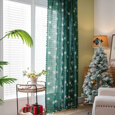 Christmas Window Curtain Cotton Linen White Snowflake Print Dark Green With Tassel Fringe Semi Blackout For Kitchen Cafe Farmhouse Decor