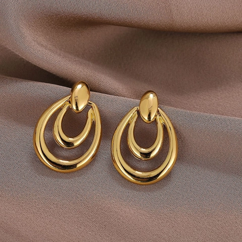 Pendientes Colgantes Ovalados De Capas Anidados Geométricos Retro Vintage Cobre Pulido Para Mujeres Con Poste De Acero Inoxidable