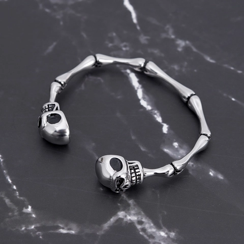 Gothic Stainless Steel Skeleton Bone Bangle Bracelet For Men Women Punk Rock Skull Heads Open Cuff Jewelry