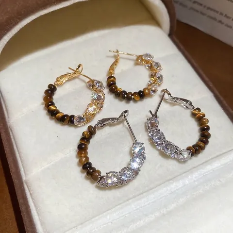 Hoop Oorbellen Met Tijgeroog Steen En Glinsterende Zirkoon Vintage C-Vorm Sieraden Vrouwen Zilveren Oorsteker Verguld