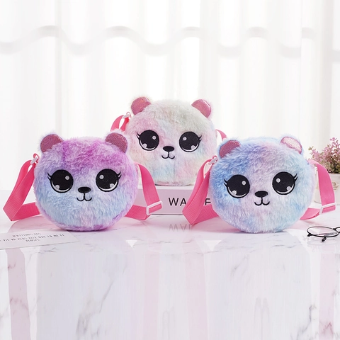 Kids Plush Crossbody Bag Cute Cartoon Panda Bear Tie-Dye Gradient Soft Faux Fur Shoulder Purse For Little Girls
