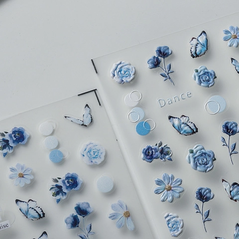 Blue Floral Butterfly Embossed Nail Art Stickers Self Adhesive Elegant Relief Decals For Manicure DIY Nail Decoration