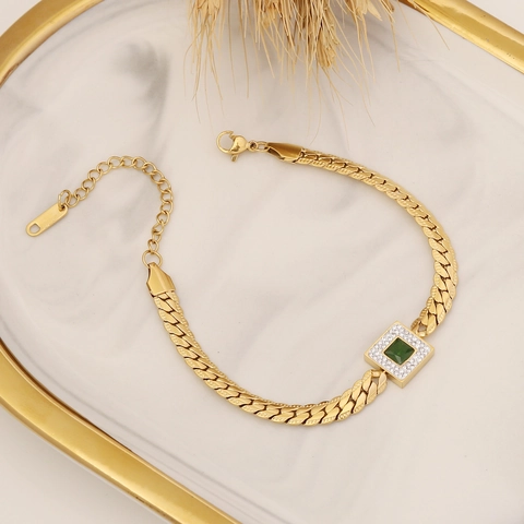Women Jewelry Golden Stainless Steel Square Emerald Green Cubic Zirconia Pendant Snake Chain Necklace Bracelet Earrings