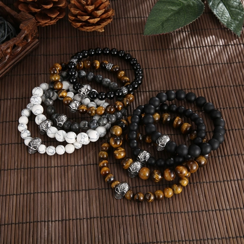 Beaded Bracelet Natural Stone Tiger Eye Agate White Turquoise Stainless Steel Skull Punk Vintage Jewelry Men Women