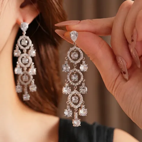 Vintage Chandelier Drop Earrings Copper Zircon Geometric Multi Layered With Silver Earring Post Luxury Party Jewelry