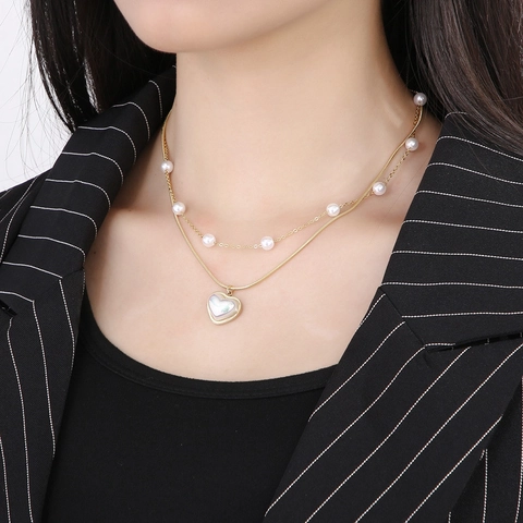 Gioielli Collana E Bracciale A Più Strati Pendente A Cuore Acciaio Inossidabile Placcato Oro Perla Artificial Sintetica Donna