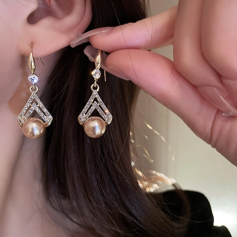 Elegantes Pendientes De Gota Triangulares Con Diamantes De Imitación Y Perla Artificial Poste De Plata Joyería Retro De Lujo Para Mujer