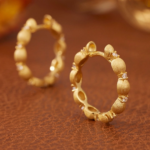 Hoop Earrings 925 Sterling Silver Zircon Inlay Matte Brushed Gold Plated French Vintage Elegant Jewelry For Women
