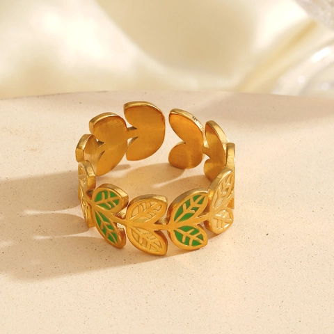 Vintage Leaf Open Ring Stainless Steel Green Enamel Laurel Branch Adjustable Finger Jewelry For Women