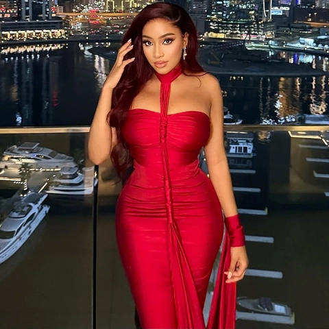 Ruched Halter Maxi Dress For Women Backless Slim Fit Satiny Elegant Evening Banquet Party Gown Solid Color Sleeveless