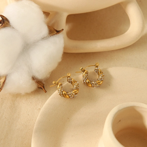 Twisted Hoop Earrings For Women Stainless Steel 18K Gold Plated Rhinestone Geometric Elegant French Retro Ear Studs