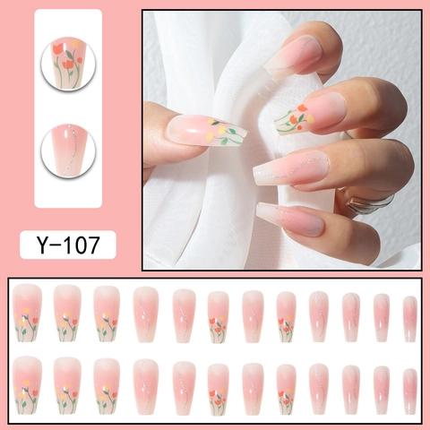 Coffin Press On Nails Long Pink Gradient Tulip Flower Pattern Silver Glitter Design Sweet Simple Fake Nails
