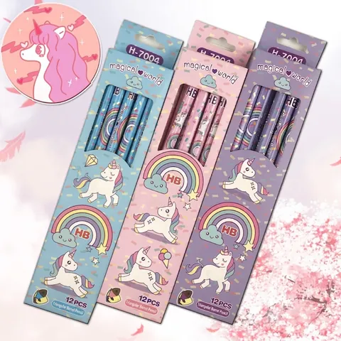 HB Houten Potloden Ergonomische Driehoekige Grip Cartoon Eenhoorn Regenboog Patroon Voor Student Schrijven Tekenen Met Gum