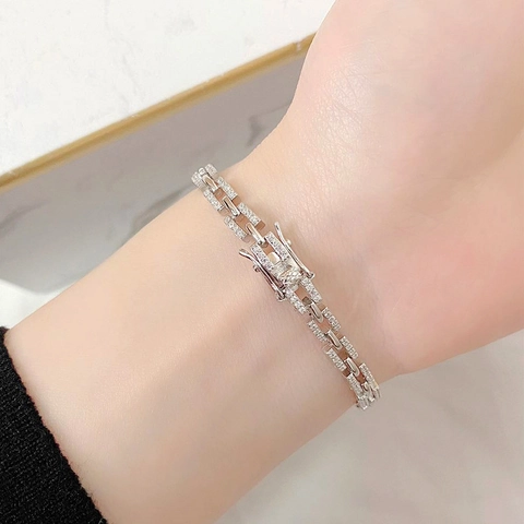 925 Sterling Silver Tank Chain Bracelet For Women Minimalist Dainty Rectangular Link Inlaid Moissanite Rhinestone Jewelry Gift