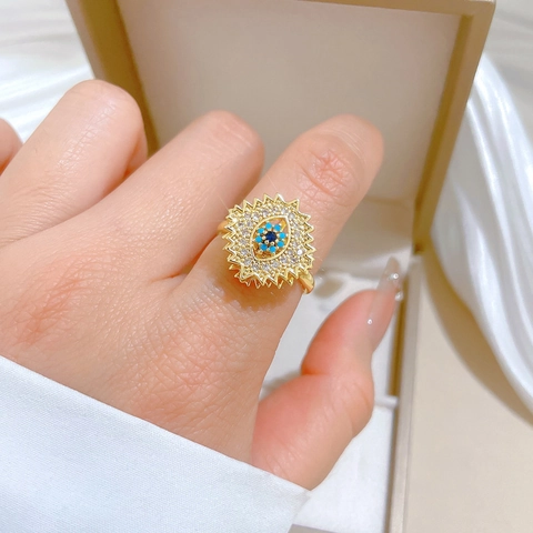 Evil Eye Sonnenstrahl Rotierender Ring Messing Vergoldet Zirkonia Verstellbar Offener Schmuck Boho Ethnisch Damen