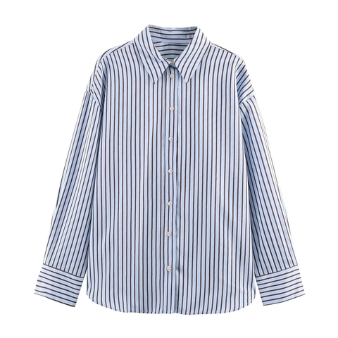 Gestreiftes Langarmhemd Damen Polyester Mode Lockerer Popeline Textur Button Down Bluse Lässig Umlegekragen Revers Top