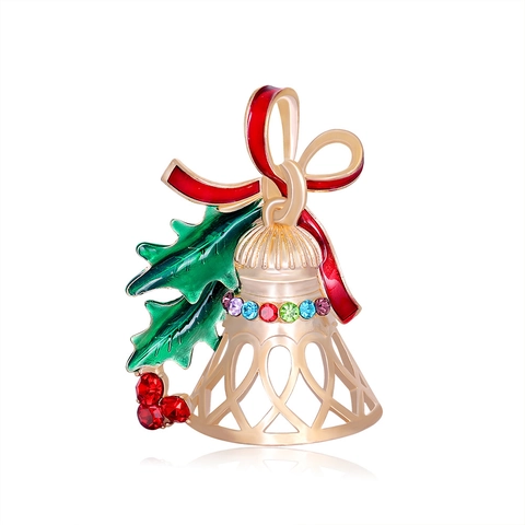 Spilla da Balia a Campana di Natale in Smalto per Donna in Lega Placcata Oro con Strass Fiocco Agrifoglio Gioielli di Moda per Feste