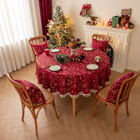 Nappe Ronde Polyester Jacquard Imperméable Noël Renne Flocons De Neige Décoration Maison Fête