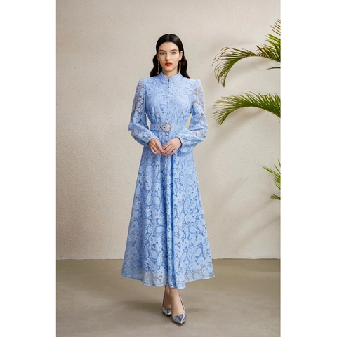 Elegant Lace Maxi Dress Long Sleeve Stand Collar Button Front Vintage Palace Style With Belt For Women