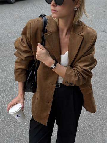 Blazer En Daim Pour Femmes Simple Boutonnage Col À Revers Veste De Costume Oversize Streetwear Décontracté