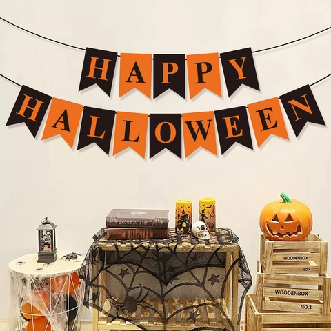 Happy Halloween Banner Paper Swallowtail Flag Hanging Garland Halloween Party Decoration Black And Orange