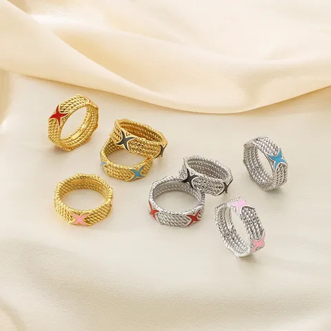 Stainless Steel Rope Texture Ring Enamel X Shape Colorful Braided Band Ring For Men Women Trendy Hip Hop Style